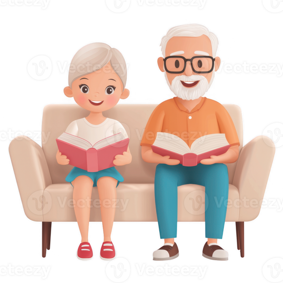 A cheerful child and grandparent sitting together on a sofa, both reading books, showcasing a warm bond and a love for storytelling. png