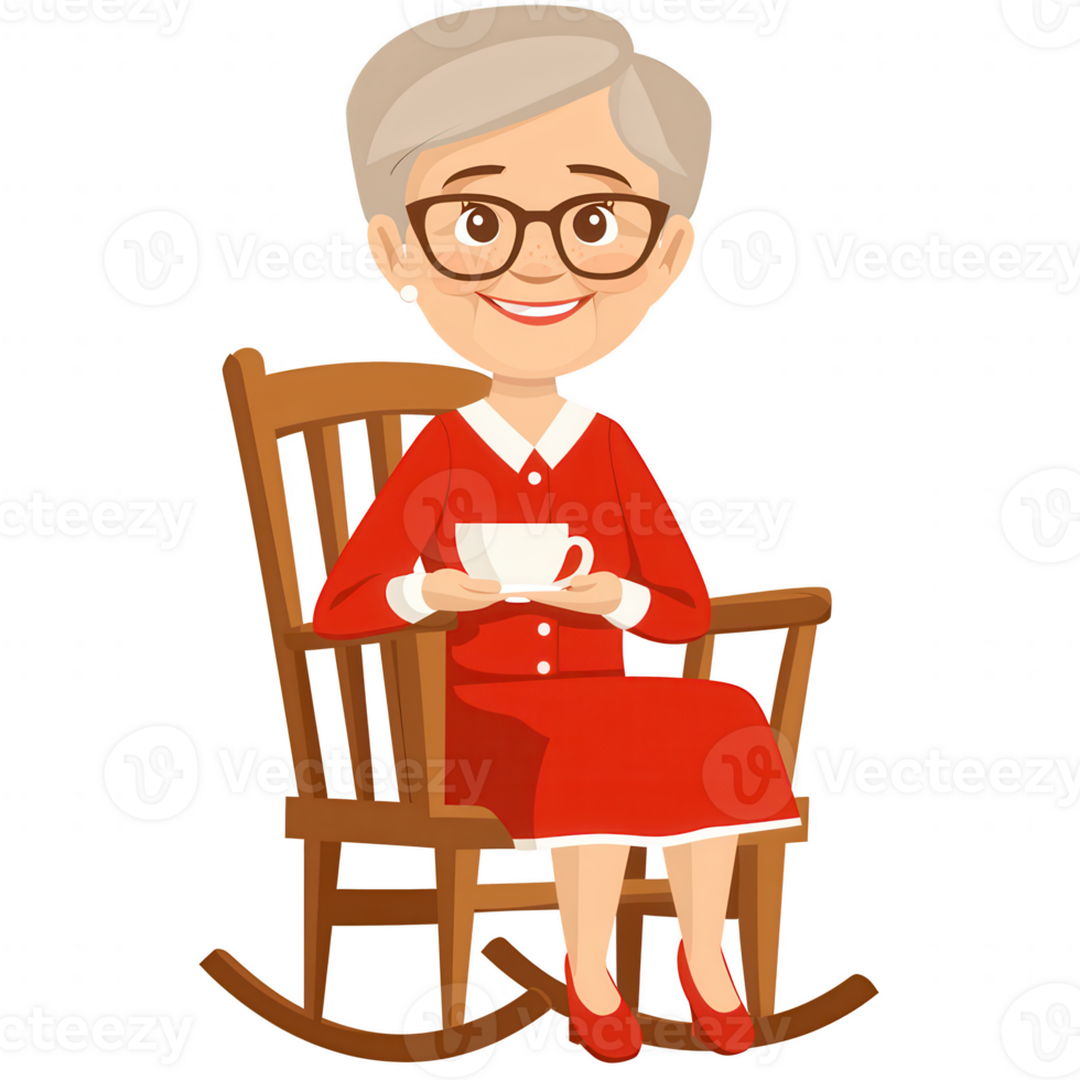 A cheerful elderly woman in a red dress and glasses, sitting on a rocking chair while holding a cup, embodying warmth and comfort. png