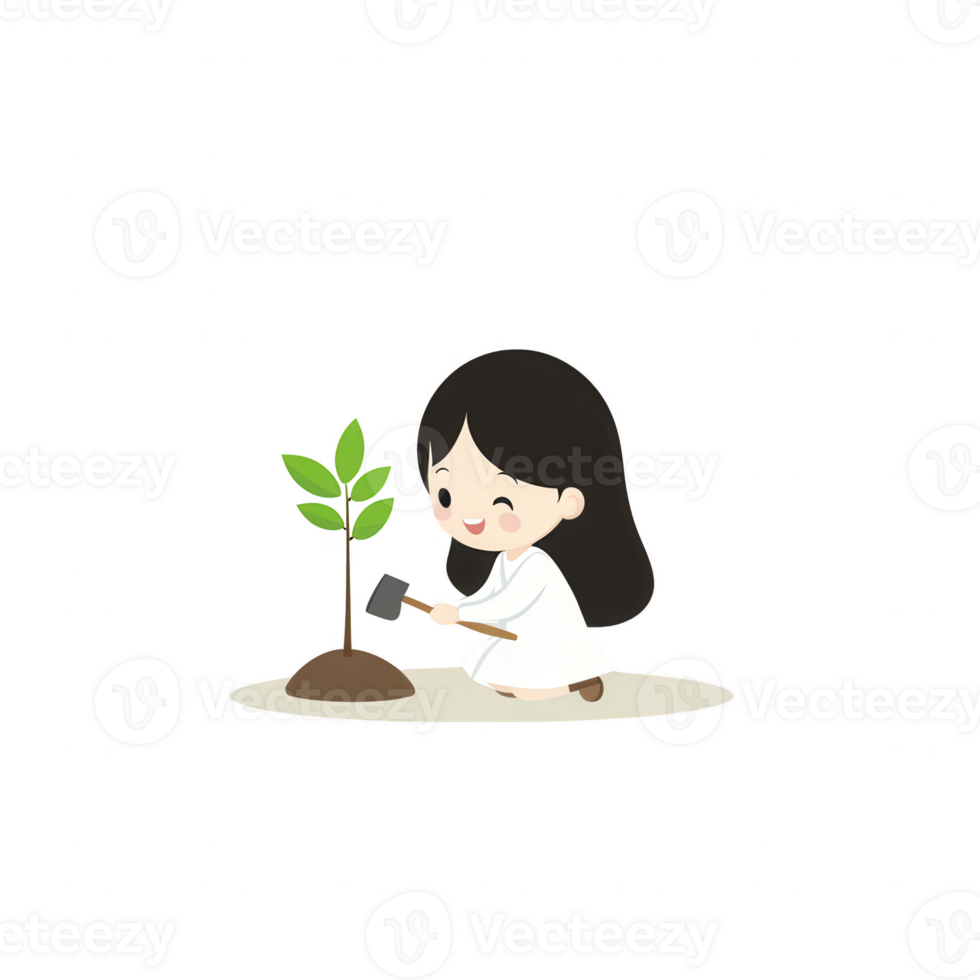 A cheerful girl planting a young tree, symbolizing hope and environmental care, with a lighthearted illustration style. png