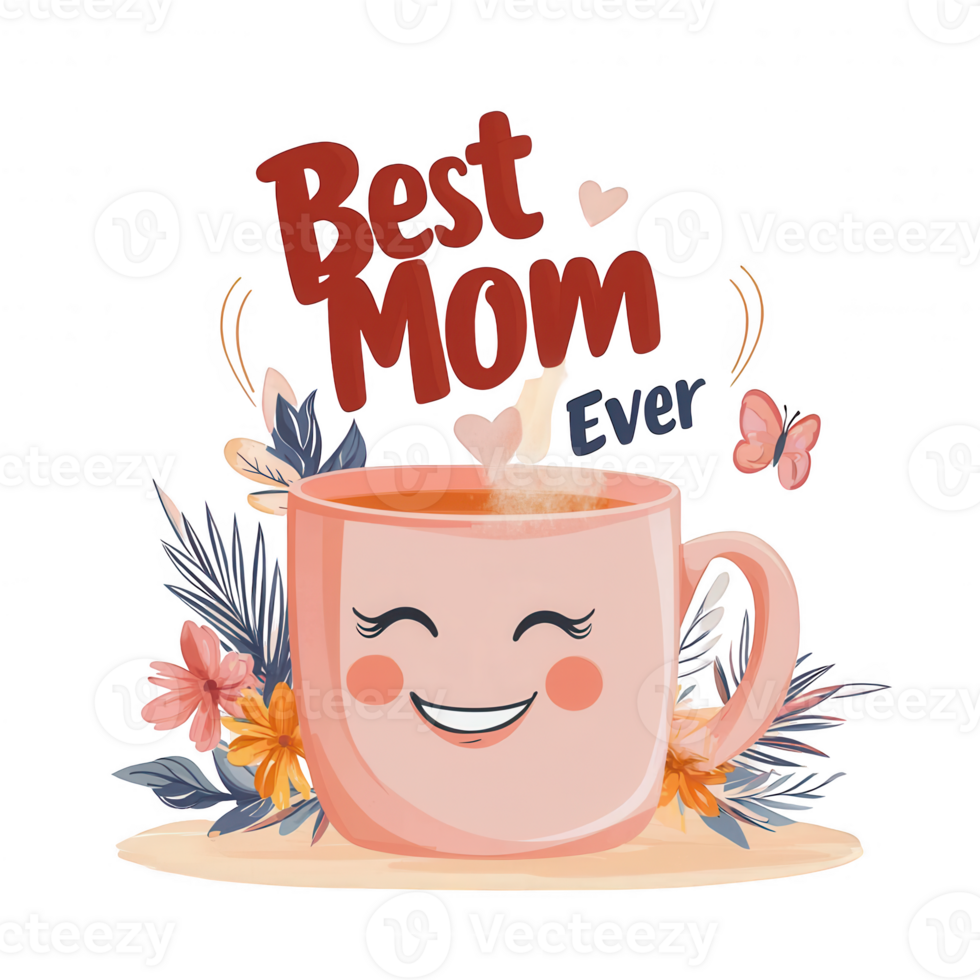 A cheerful cup design featuring the phrase 'Best Mom Ever' surrounded by flowers and butterflies, perfect for celebrating mothers. png