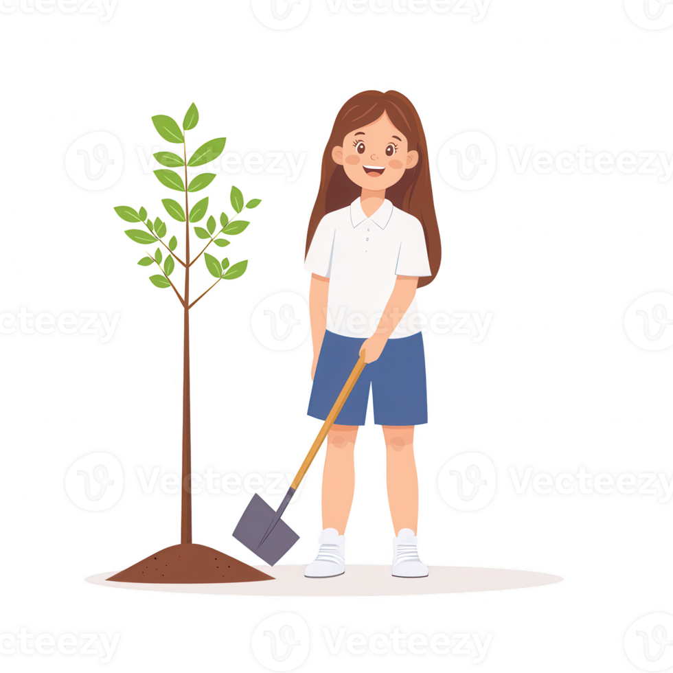 A cheerful girl planting a young tree with a shovel, showcasing a commitment to environmental care and growth, set against a clear, white background. png