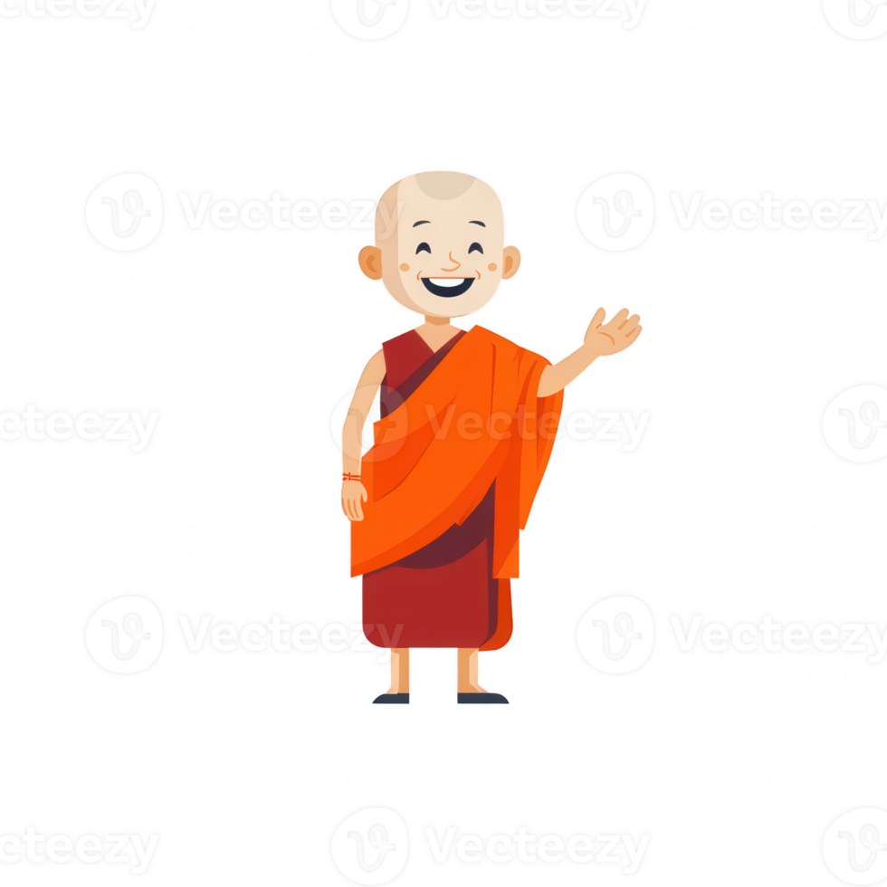 A cheerful monk character, smiling and waving, dressed in traditional orange and red robes. The image features a simplistic and colorful design, perfect for cultural themes. png