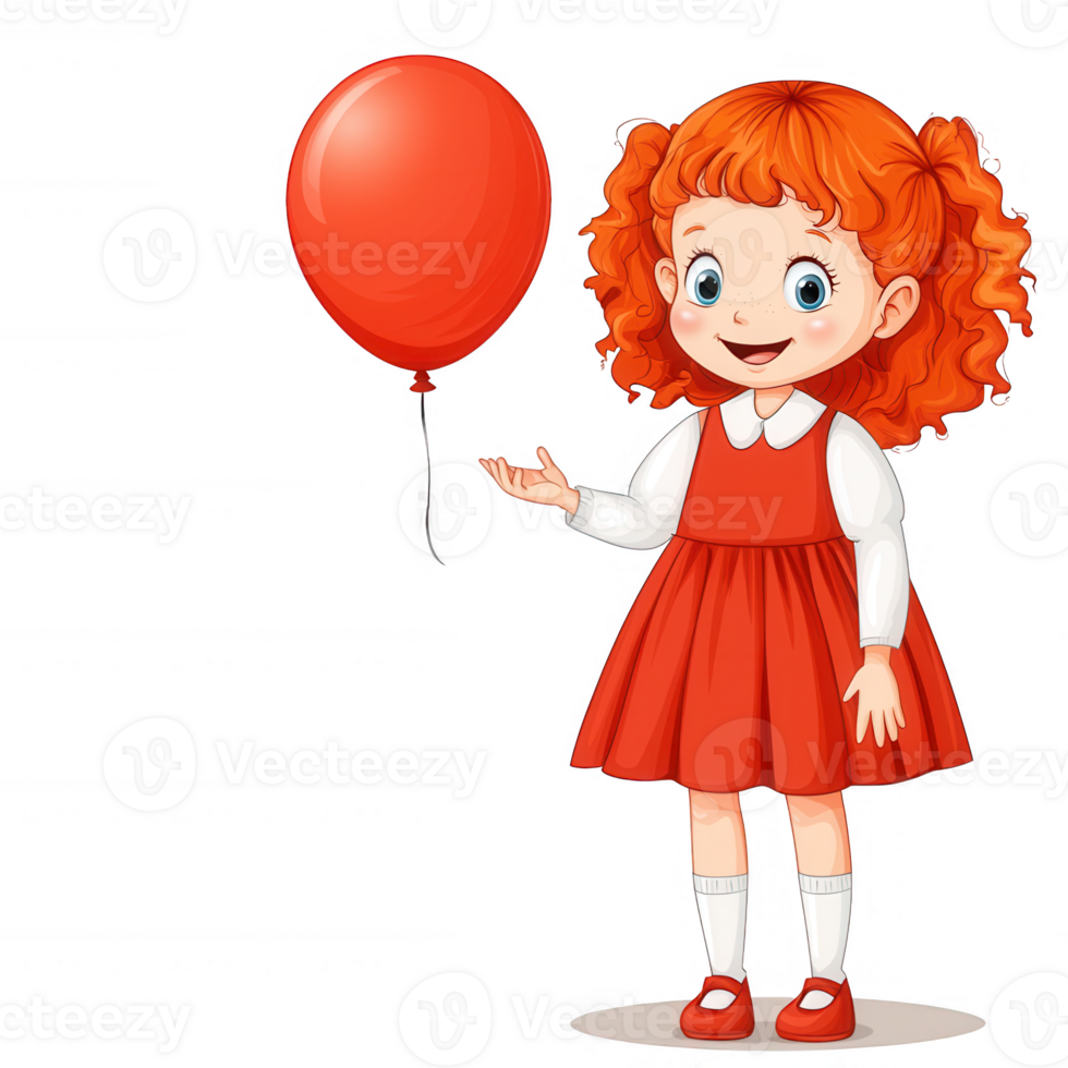 A cheerful little girl in a red dress holding a red balloon, smiling happily. Perfect for celebrating childhood and joy. png