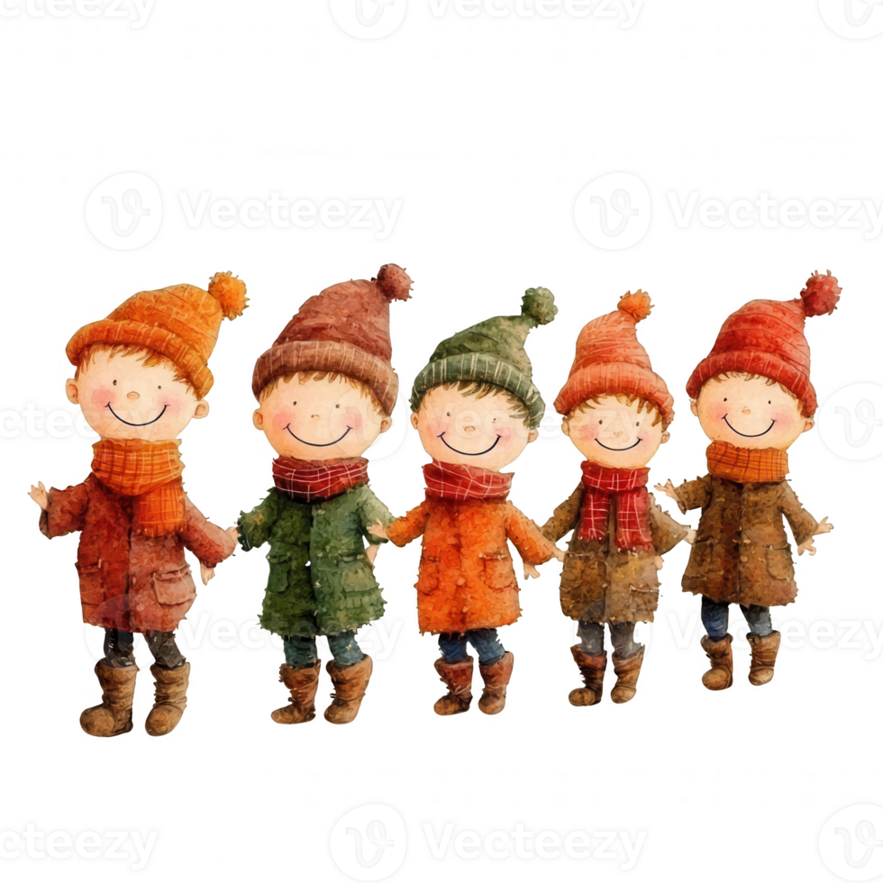 A cheerful illustration of five children wearing colorful winter hats and scarves, standing together joyfully against a white isolated background. png