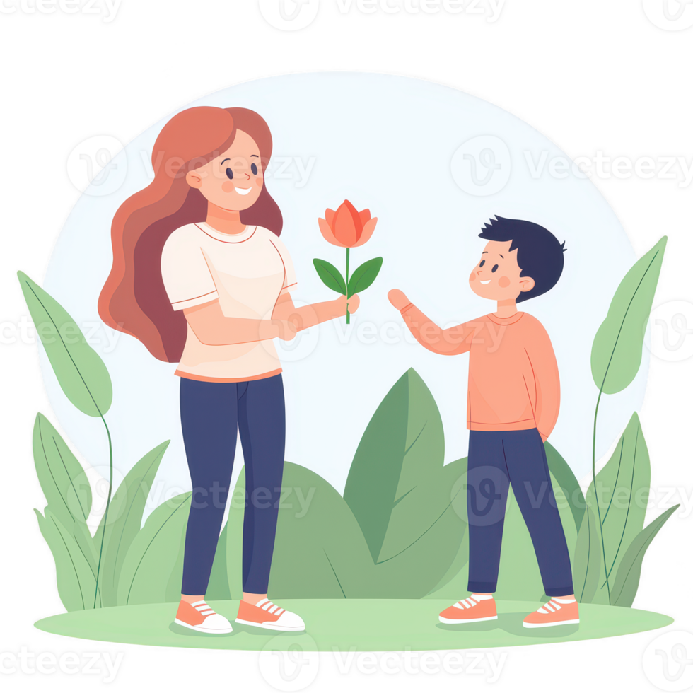 A cheerful mother and her son interacting in a lush garden. The mother hands a blooming flower to her son, symbolizing love and caring moments in nature. png
