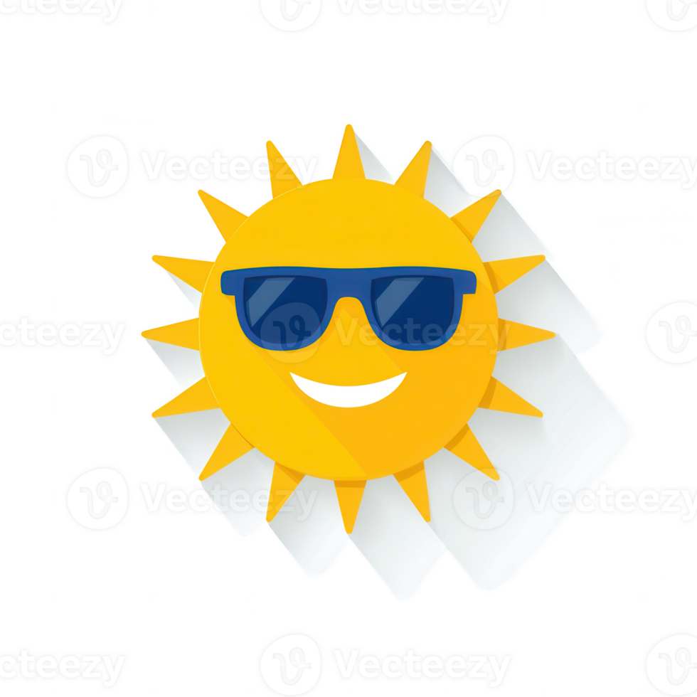 A cheerful sun character wearing sunglasses, designed in a playful, cartoonish style. Ideal for summer-themed graphics, social media posts, and children's content. png