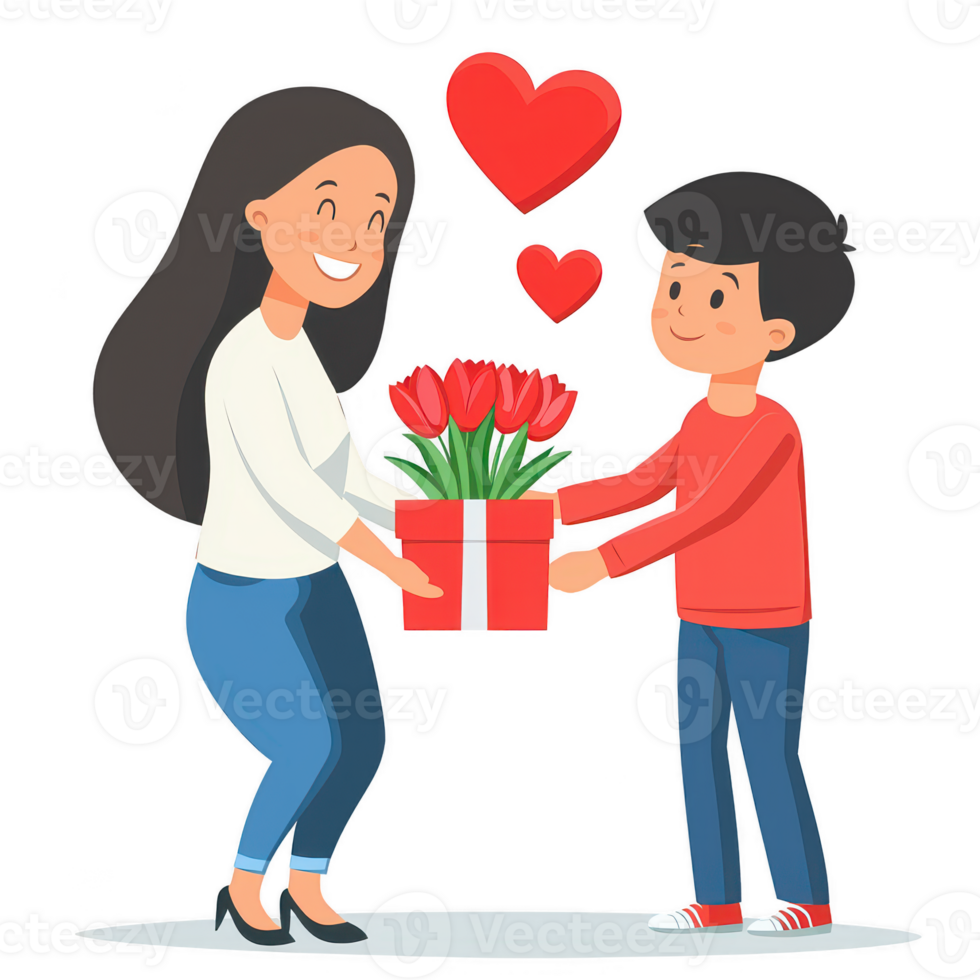 A cheerful scene of a child presenting a gift of flowers to a happy woman, celebrating love and appreciation, surrounded by hearts. Ideal for themes of affection and relationships. png