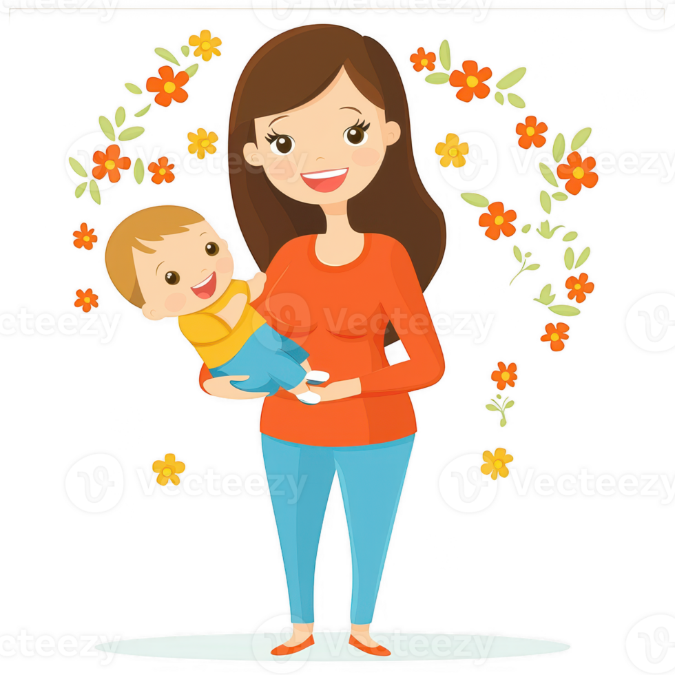 A cheerful woman holding a happy baby against a floral background, symbolizing love and joy in family life. png