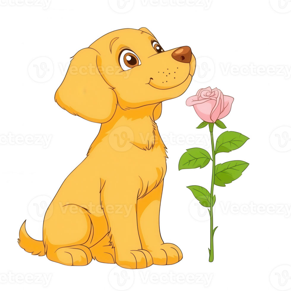A cheerful yellow dog sitting next to a pink rose, showcasing a delightful and heartwarming bond between pets and nature. png