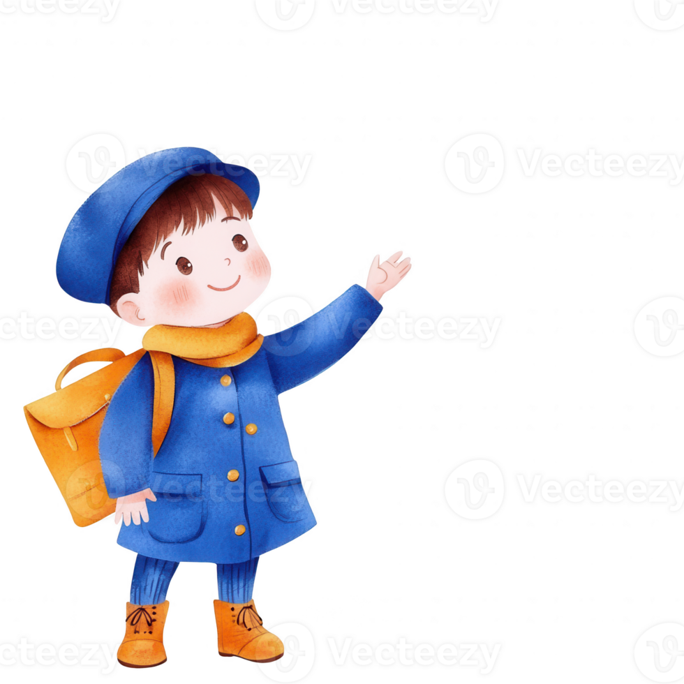 A cheerful young boy in a blue coat and hat, waving with a friendly smile, carrying a yellow backpack against a white background. png
