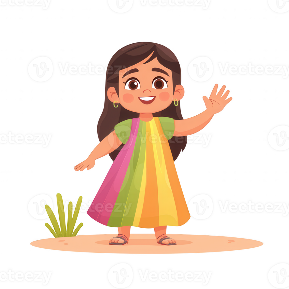 A cheerful young girl in a vibrant, rainbow-colored dress waving happily. Set against a simple background, she embodies joy and innocence. png