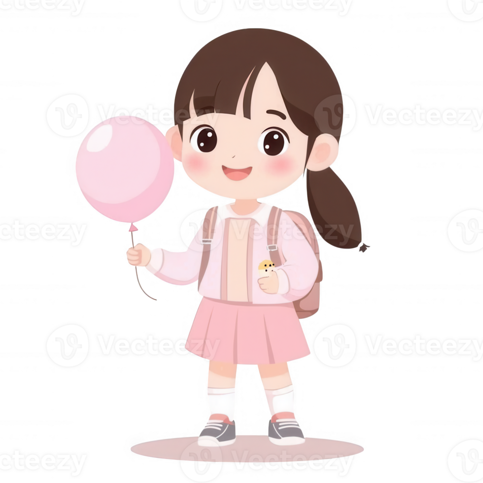 A cheerful young girl holding a pink balloon, dressed in a pink skirt and light jacket, smiling with a playful demeanor, perfect for children's themes or celebration concepts. png
