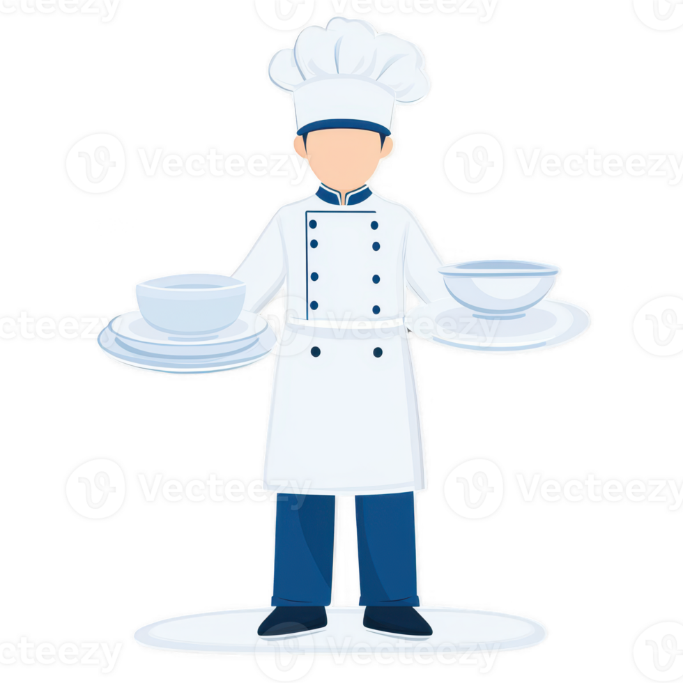 A chef in a white uniform skillfully balancing two plates of food, showcasing culinary expertise. Perfect for restaurant, cooking, or food-related themes. png