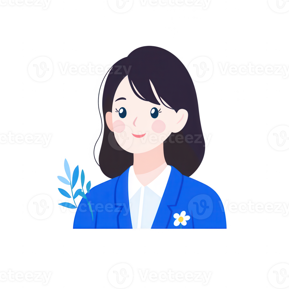 A cheerful young woman with dark hair, wearing a blue blazer and white shirt, smiling against a white isolate background with a decorative leaf element. png