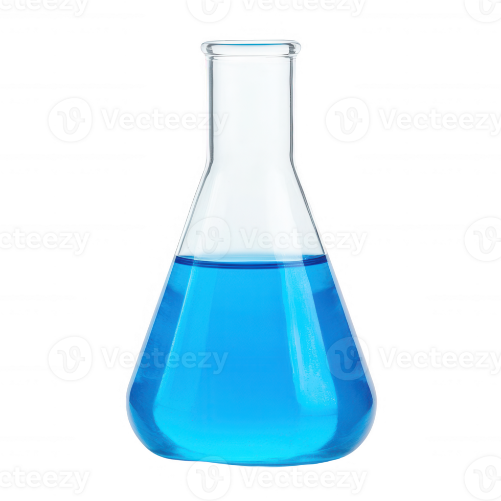 A clear glass laboratory flask filled with vibrant blue liquid, showcasing its shape and color with a white isolated background for emphasis. png