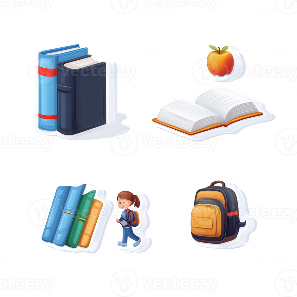 A collection of colorful educational icons including books, a student with a backpack, an open book, and a fresh apple, all set against a white isolated background. png