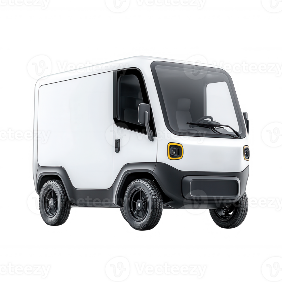 A compact delivery van with a sleek design, featuring a modern front, large windshield, and sturdy wheels, isolated on a white background for clear visibility. png