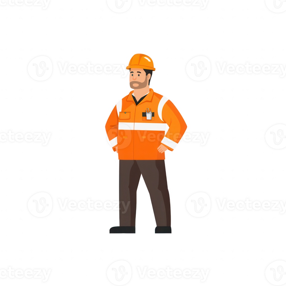 A confident construction worker in an orange safety jacket and helmet, standing with hands on hips, ready for the job. Ideal for illustrating industrial safety and workforce. png