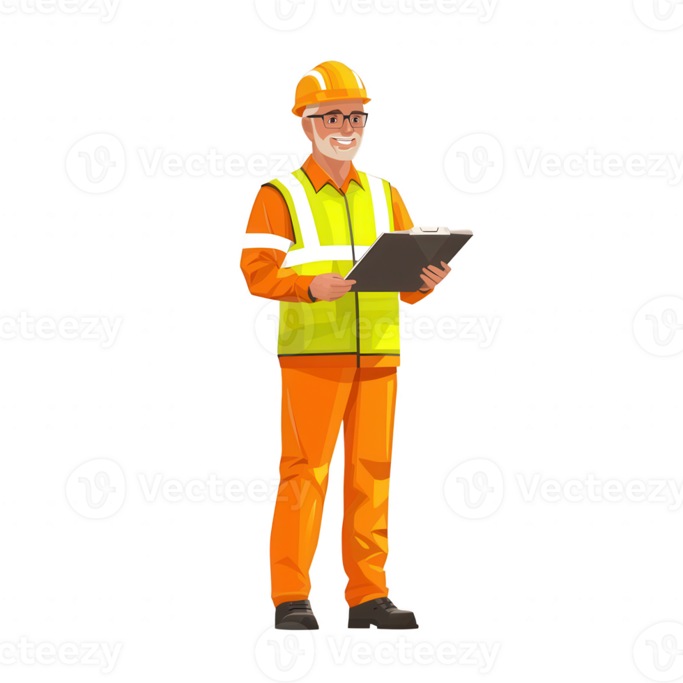 A construction worker in safety gear holding a clipboard. The character is smiling while reviewing plans, symbolizing safety and professionalism in the construction field. png