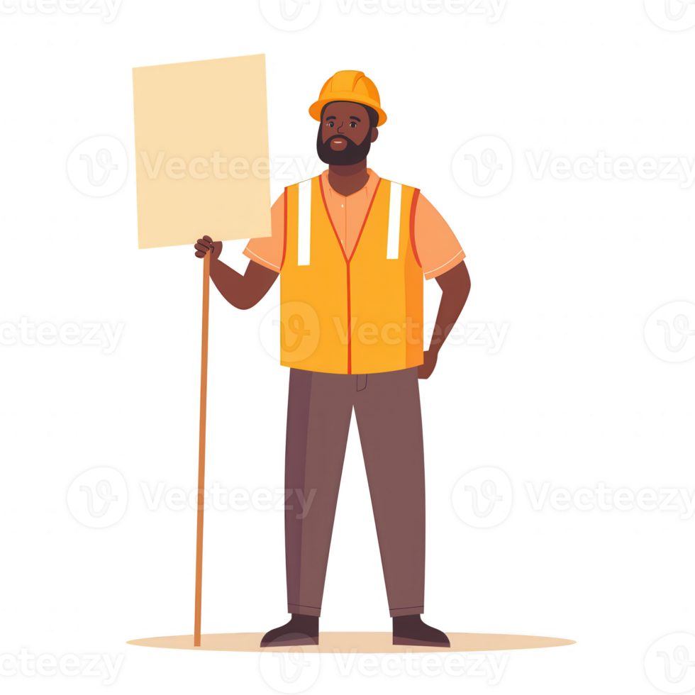 A construction worker standing confidently, holding a blank sign, wearing an orange safety vest and hard hat. Ideal for themes of labor rights and social movements. png