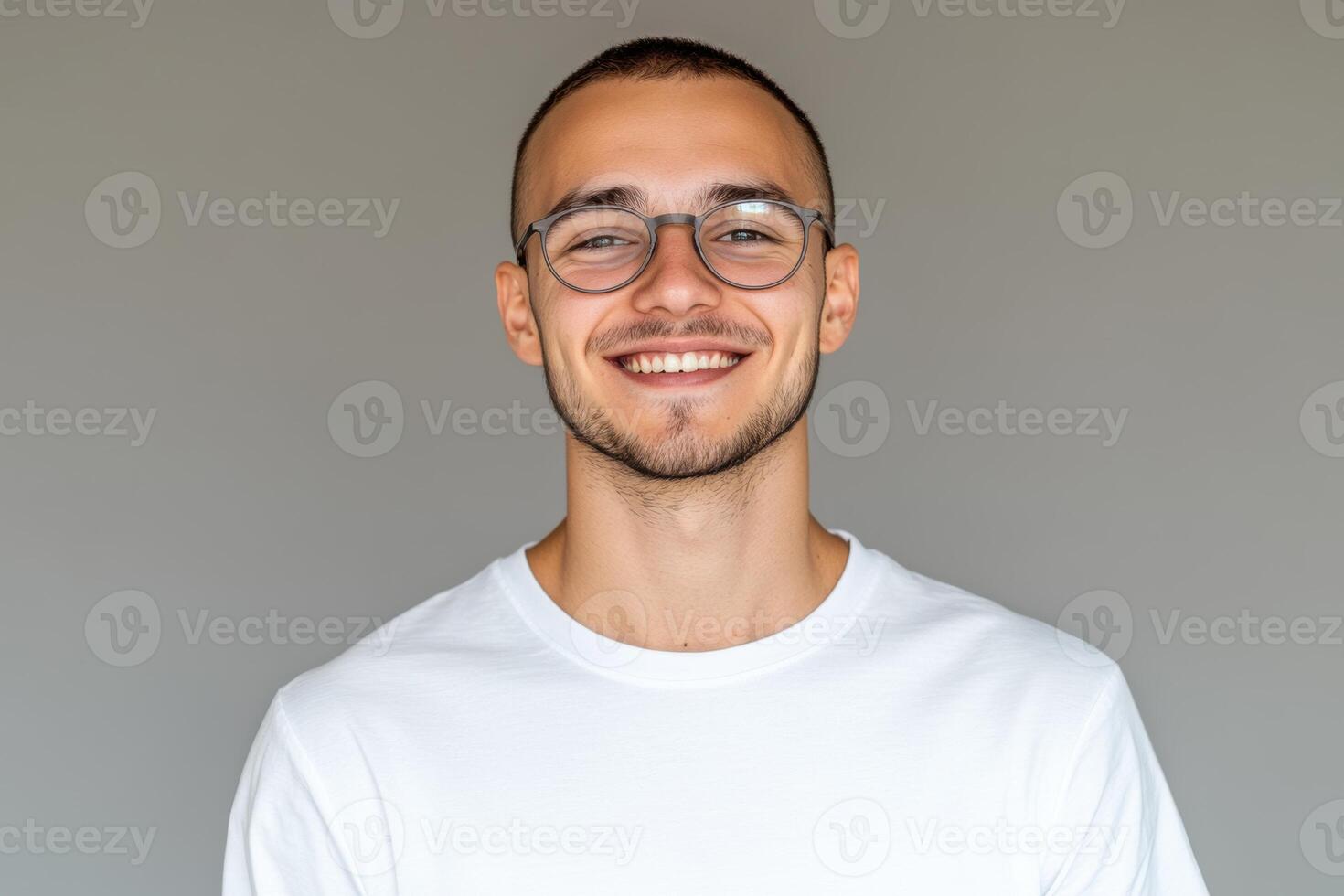 Young man smiling confidently against a neutral background, exuding positivity photo