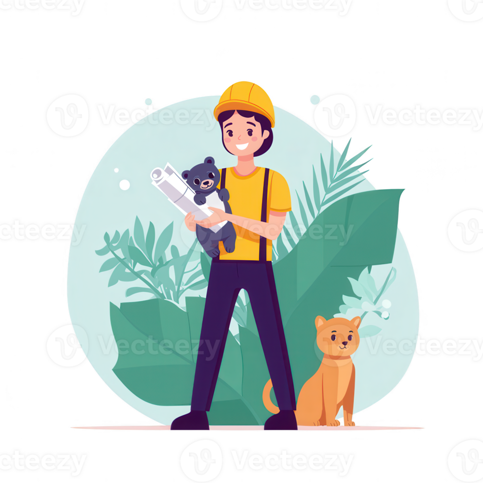 A construction worker holds a blueprint and a small animal, surrounded by greenery png