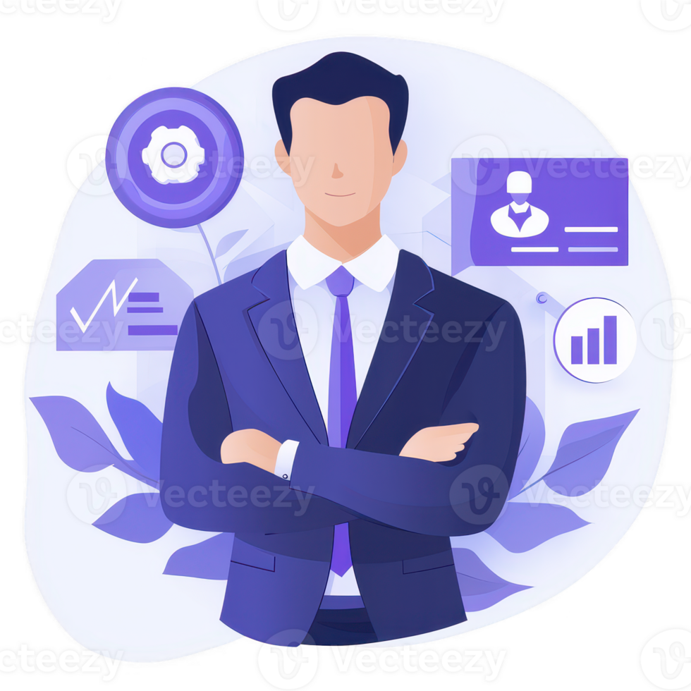 A confident businessman in a suit, standing with arms crossed, surrounded by digital elements symbolizing analytics and technology. Ideal for corporate themes. png