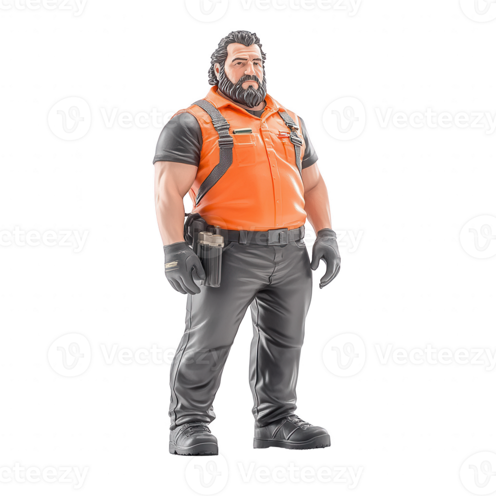 A confident man in an orange safety uniform stands with arms relaxed. His beard and strong physique are highlighted against a white isolated background. png