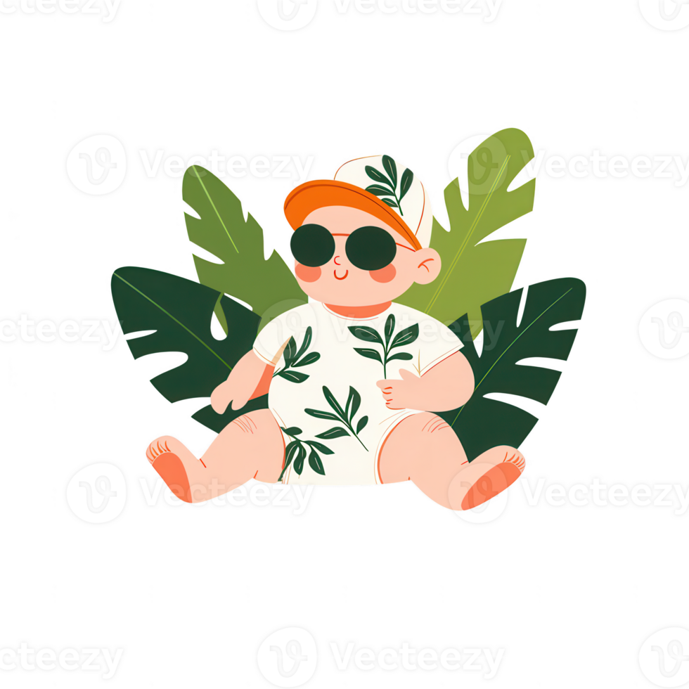 A cute baby sitting amid large green leaves, wearing sunglasses and a cap, reflecting a playful and lively summer vibe. png