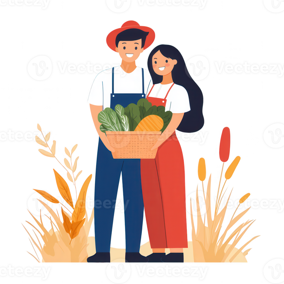 A couple standing together outdoors, holding a basket filled with fresh vegetables. They are dressed casually and smiling, surrounded by natural elements. png
