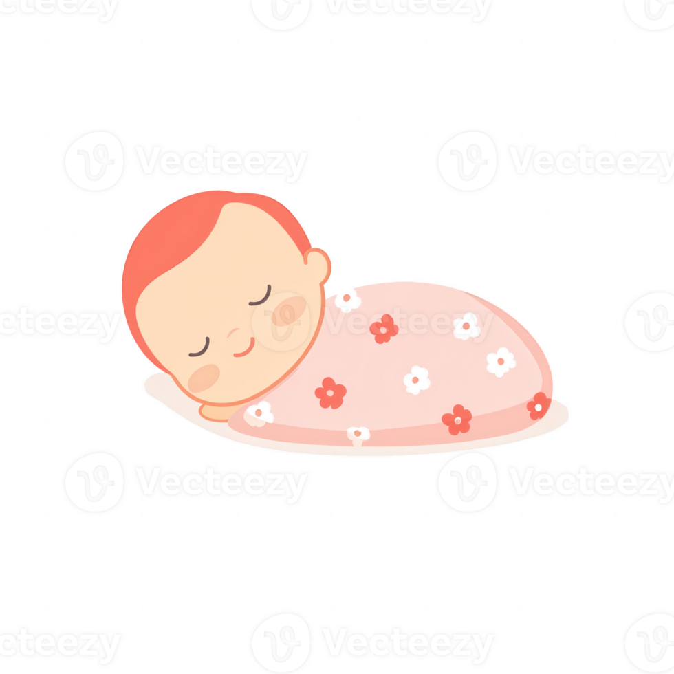 A cute cartoon baby sleeping peacefully wrapped in a floral patterned blanket on a white isolated background. png