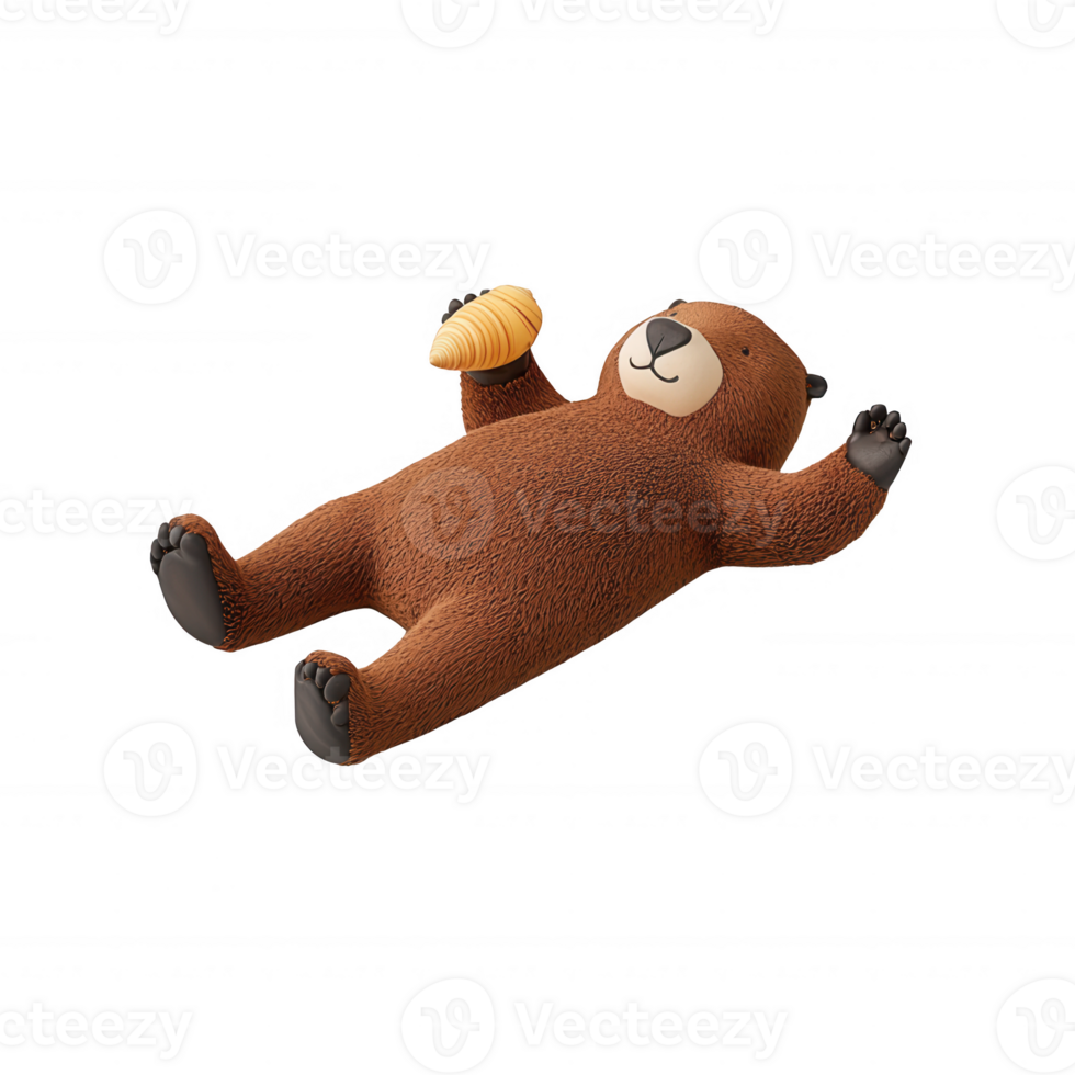 A cute brown bear lying on its back, holding a cookie, with a playful expression, perfect for kids' designs, illustrations, or digital art projects. png
