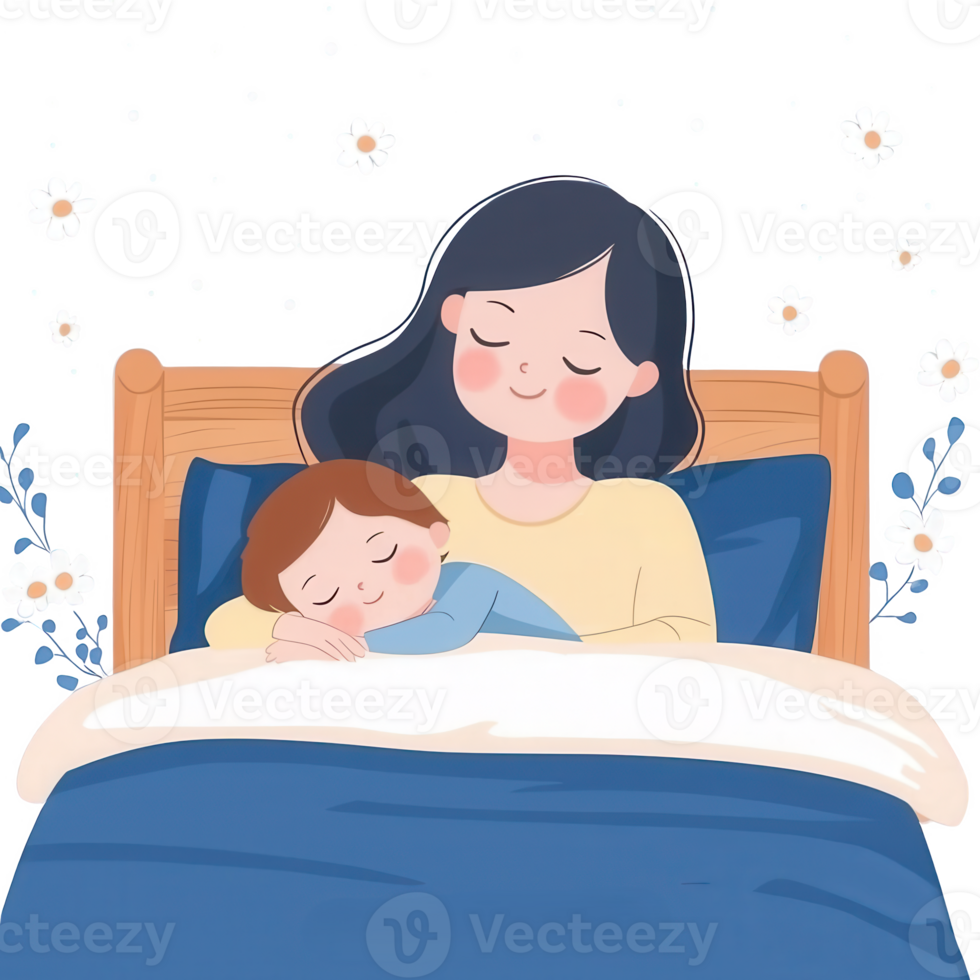 A cozy scene of a mother and child peacefully sleeping in bed, surrounded by a serene atmosphere filled with floral motifs, showcasing warmth and love. png