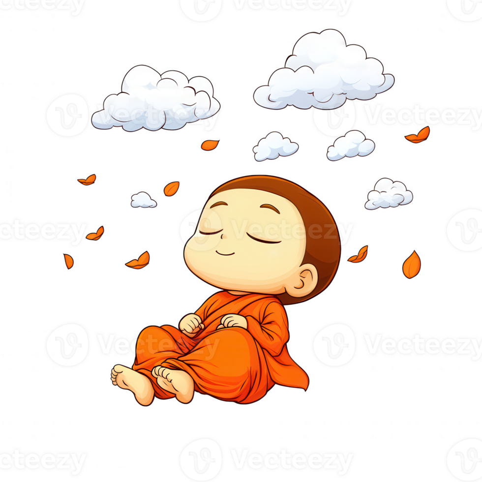 A cute cartoon monk meditating with a serene expression, surrounded by clouds and falling leaves, capturing a sense of peace and tranquility. png