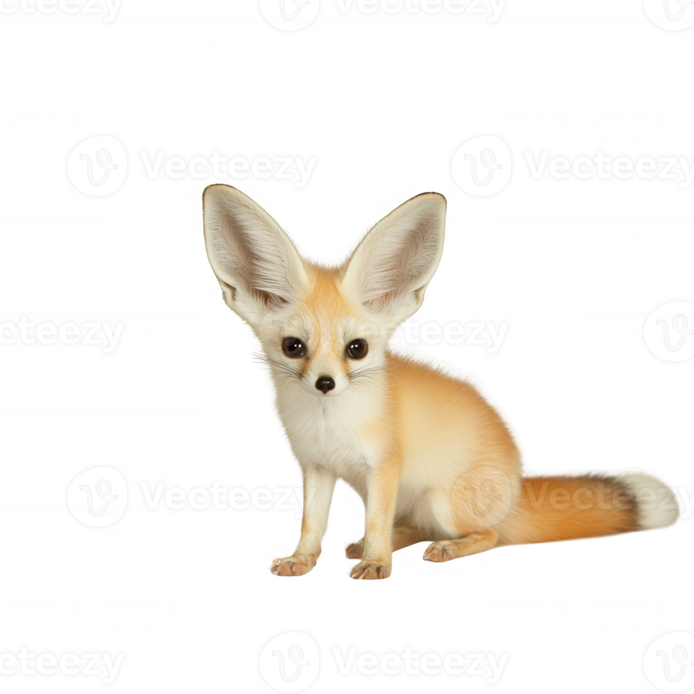 A cute fennec fox with large ears sitting gracefully against a white isolate background, showcasing its unique features and playful demeanor. png