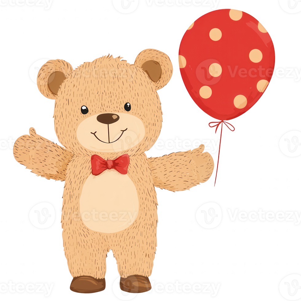 A cute cartoon teddy bear holding a red balloon with polka dots, perfect for children's parties or celebrations, showcasing joy and playfulness in a whimsical style. png