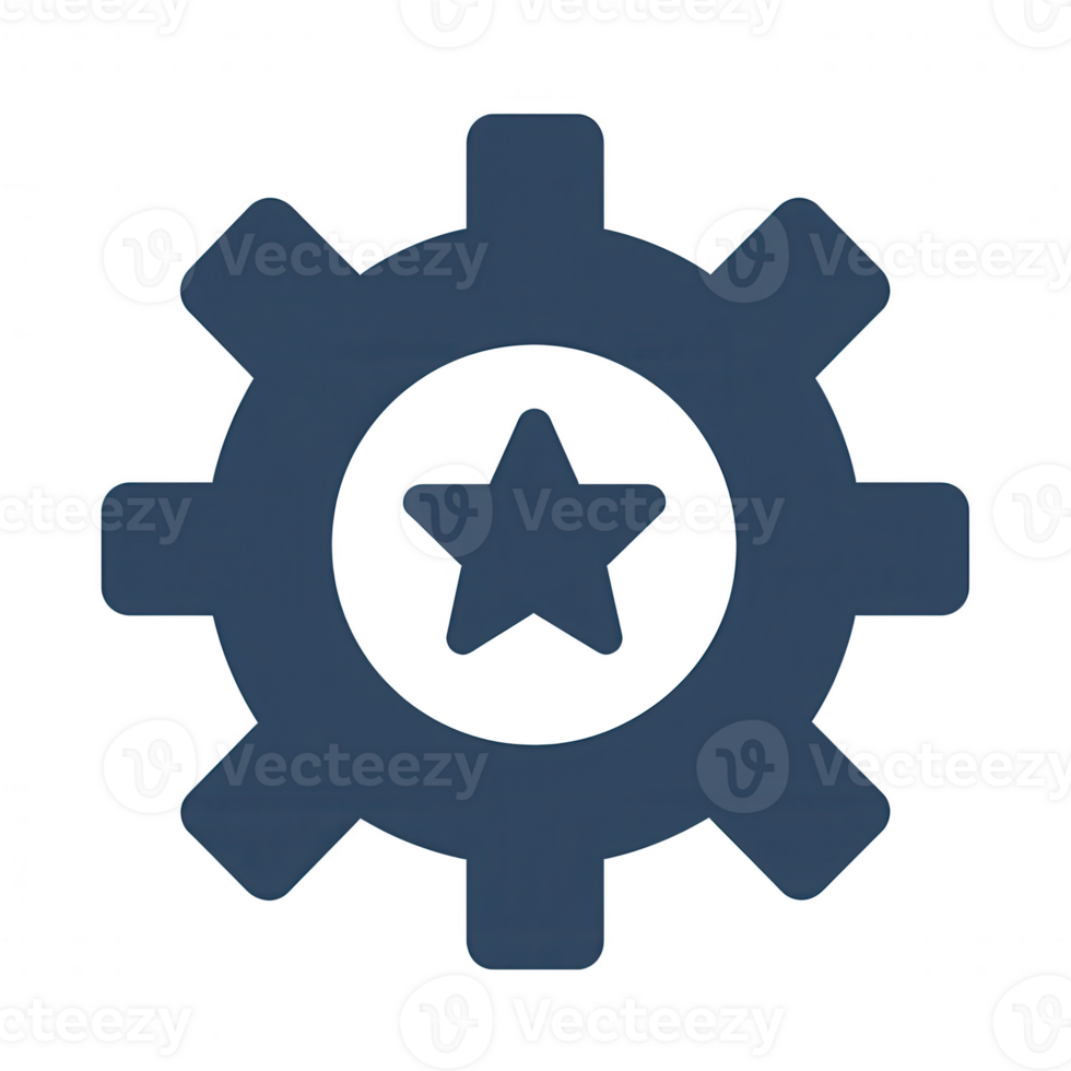 A dark blue gear icon featuring a star at its center, perfect for representing settings, tools, or mechanics. Ideal for use in digital projects and creative designs. png