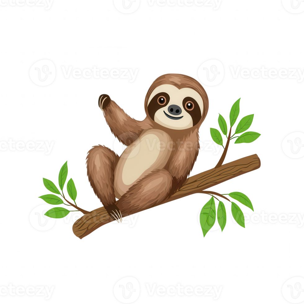A cute sloth relaxing on a branch surrounded by green leaves, showcasing its charming and playful nature. png