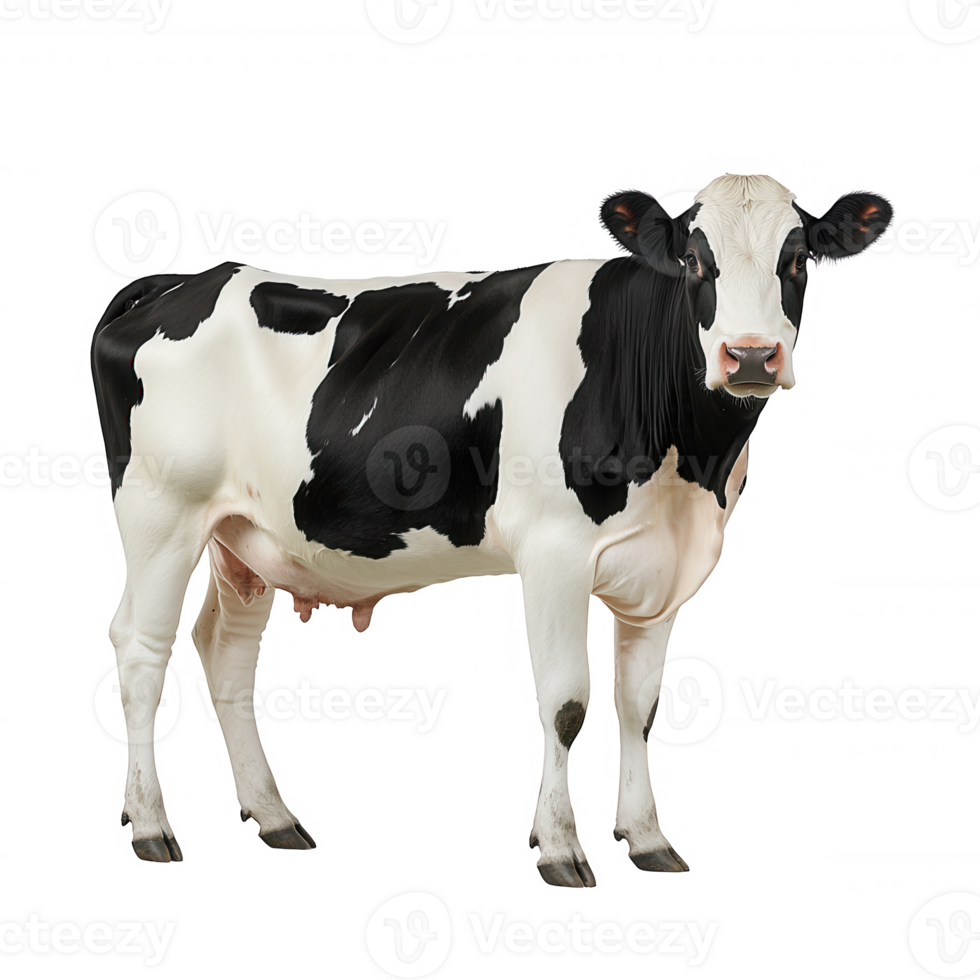 A dairy cow with distinctive black and white markings, standing on a white isolated background. png
