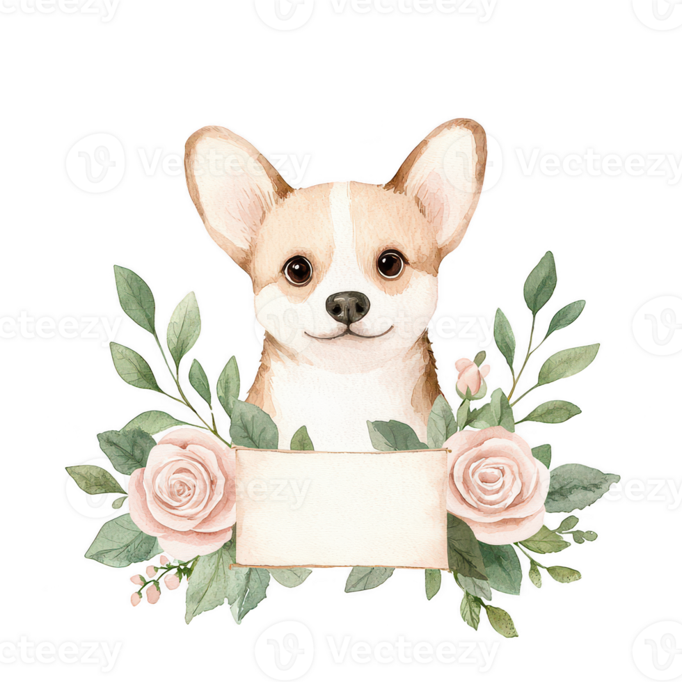 A cute corgi surrounded by floral elements, ideal for customizable cards or invitations, with a soft watercolor style against a white isolated background. png