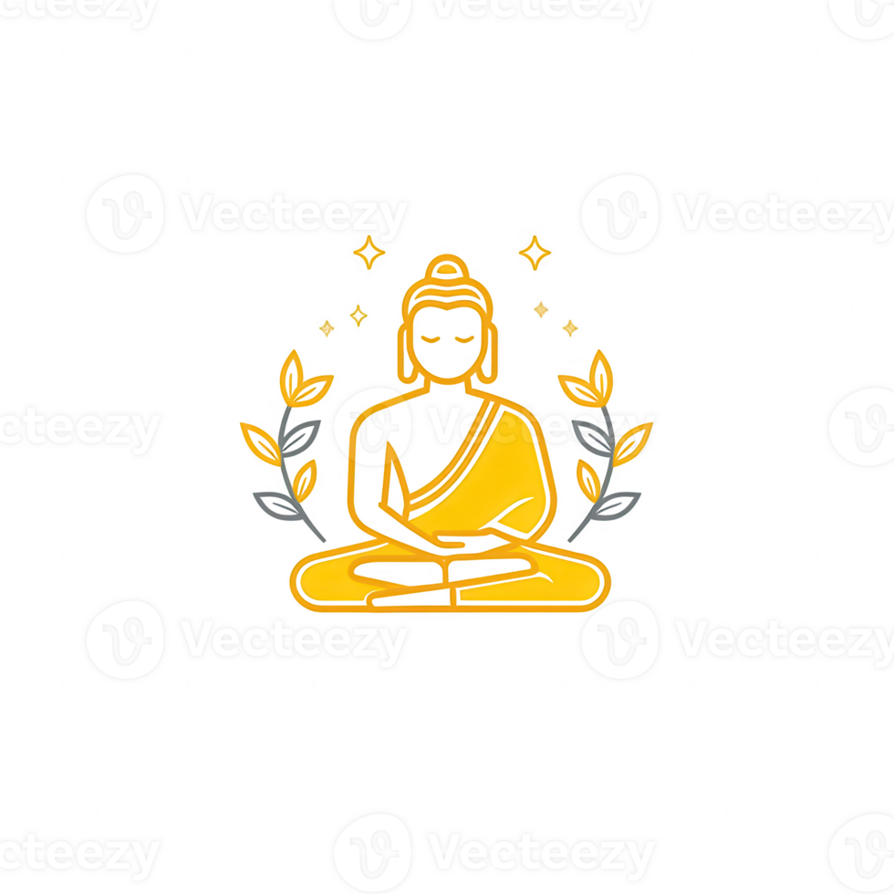 A detailed illustration of a Buddha statue adorned with leaves, symbolizing peace and spirituality, set against a transparent background. png