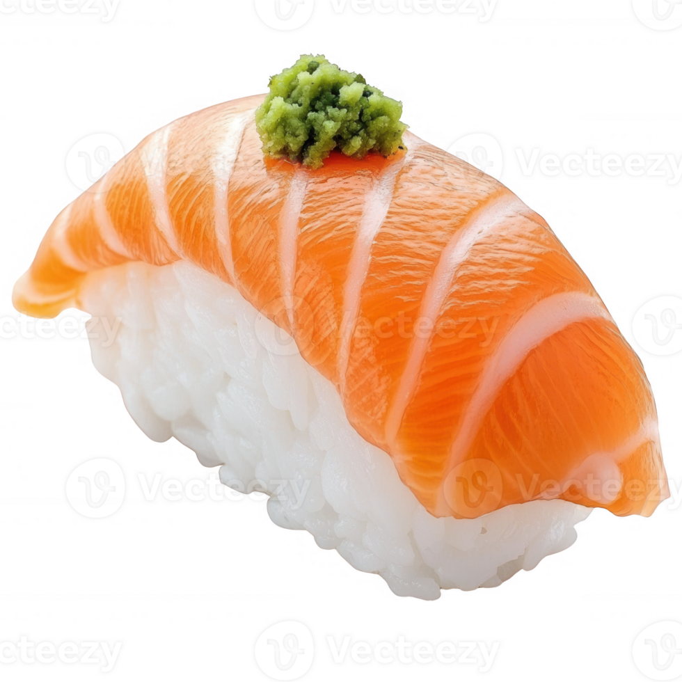 A delicious piece of sushi featuring fresh salmon atop perfectly shaped rice, garnished with a touch of wasabi for an exquisite taste experience. png
