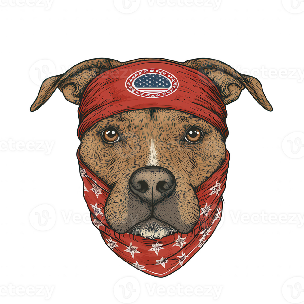 A detailed illustration of a dog's face wearing a red bandana with stars and a patriotic theme, set against a transparent background for versatile applications. png
