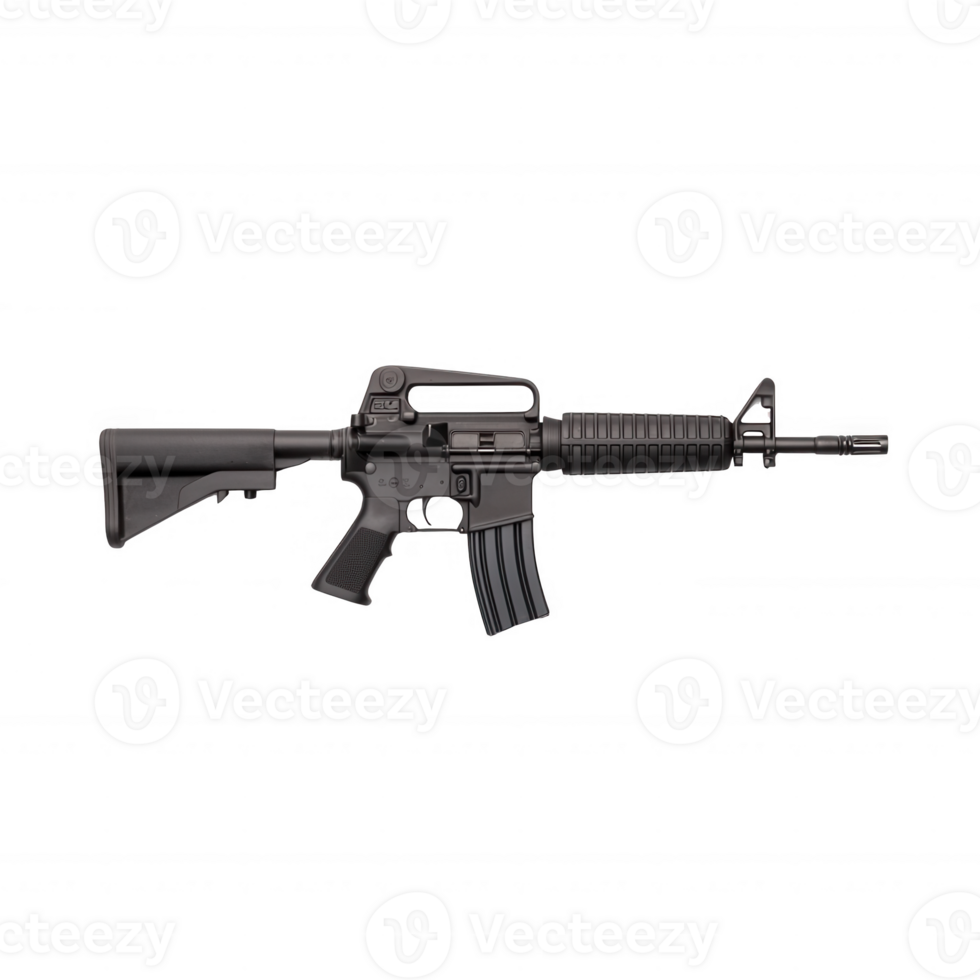 A detailed view of a modern assault rifle, showcasing its sleek design and tactical features against a white isolate background. png