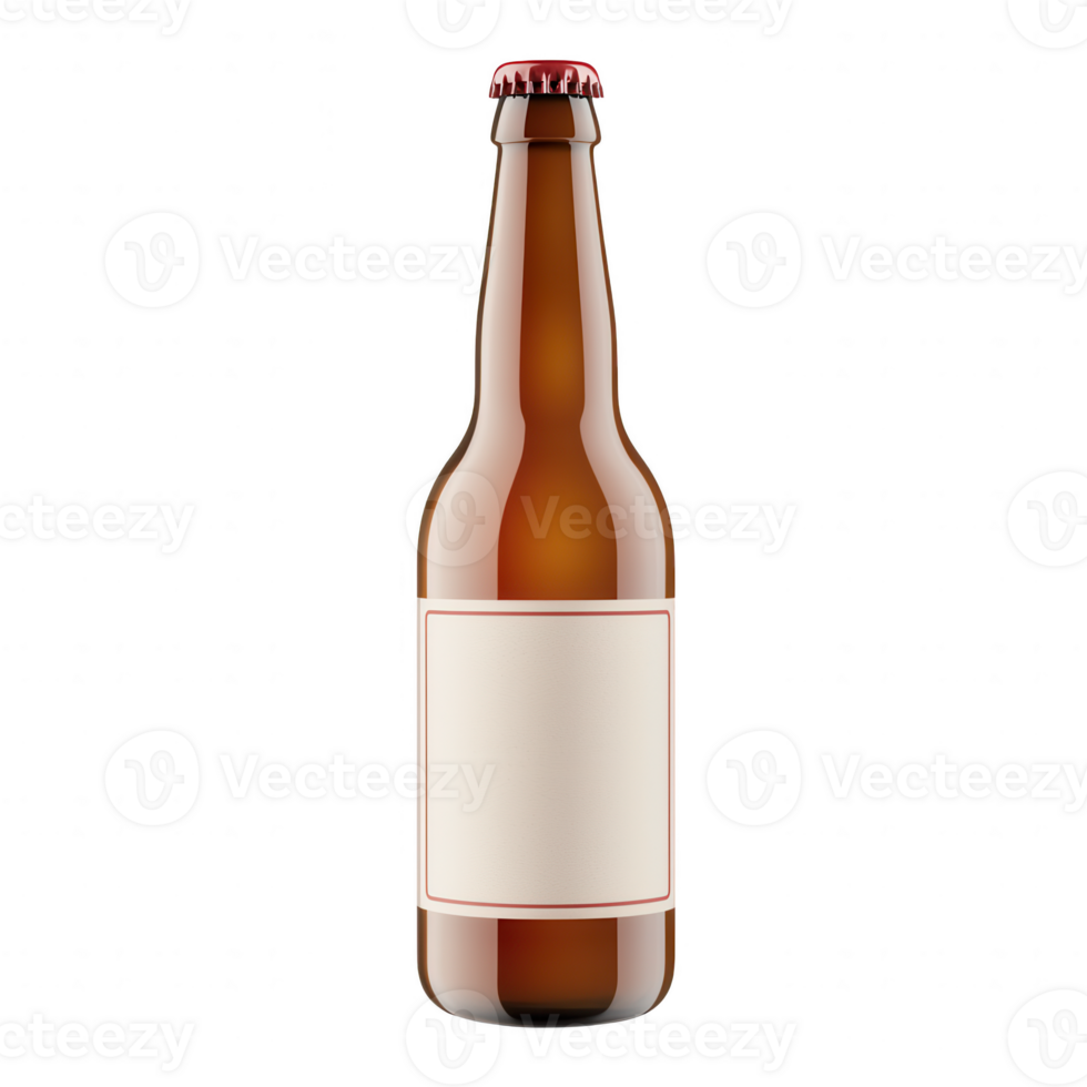 A detailed image of a brown beer bottle with a blank label against a white isolated background, perfect for customizing or adding branding. png