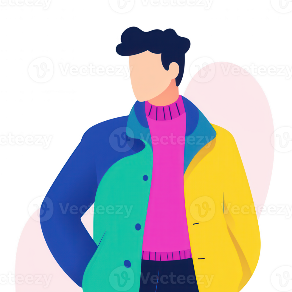A fashionable young man standing confidently in a vibrant, colorful jacket and sweater. The background is white, emphasizing his stylish outfit and modern demeanor. png