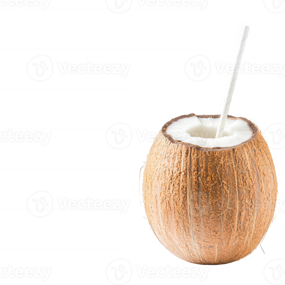 A fresh coconut with a straw, filled with creamy coconut water, isolated on a white background. png