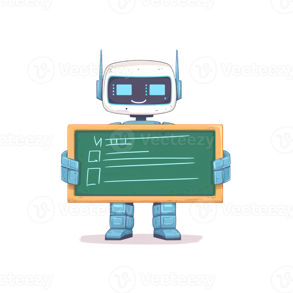 A friendly cartoon robot holding a chalkboard with a checklist. The robot is smiling and designed in a colorful, playful style, suitable for educational and tech-related content. png