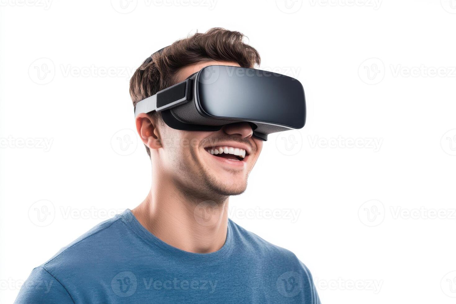 Young man smiling while using virtual reality headset in bright setting photo