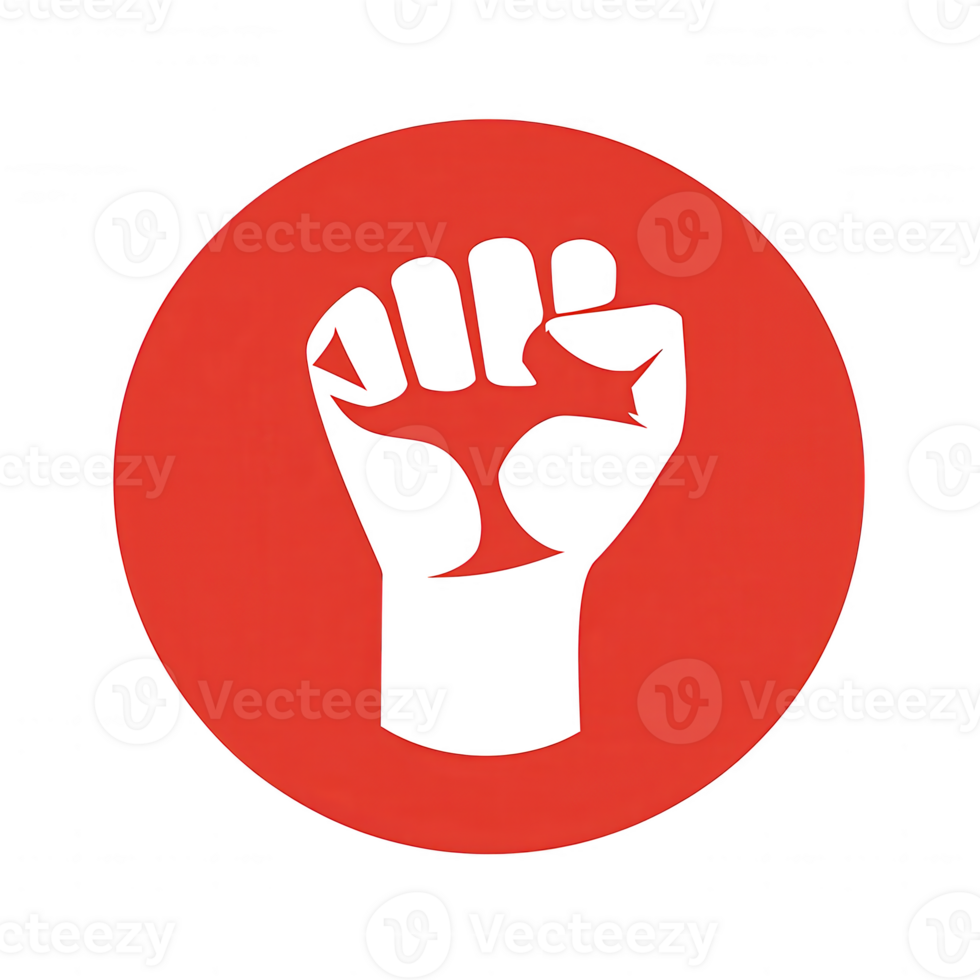 A graphic representation of a raised fist symbolizing solidarity and empowerment, set against a red circular background. png